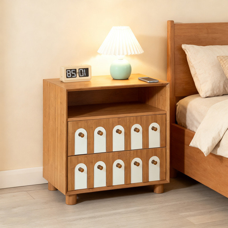 Table de chevet moderne de 26 po avec station de charge et miroirs courbés, table de chevet Mid-Century avec 2 tiroirs pour la chambre à coucher et le salon