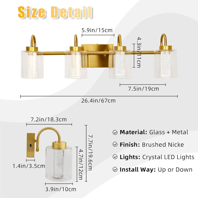 Luminaires de salle de bain en cristal pour salle de bain, appliques de salle de bain en chrome 3 températures