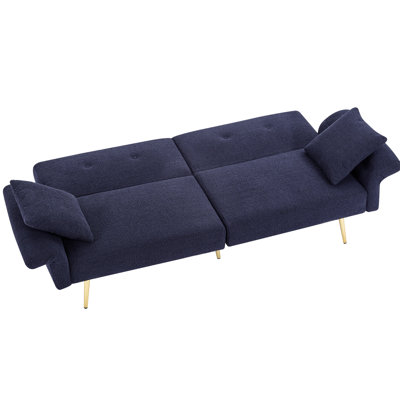 Stylish, Dark Blue, , Golden Metal Legs, Adjustable , Two Soft Pillows, Hosting Overnight Guests Modern 3 - Seat Blue Fabric Sleeper Bed With Foldable Armrest, Side Pocket And Pillows For Office