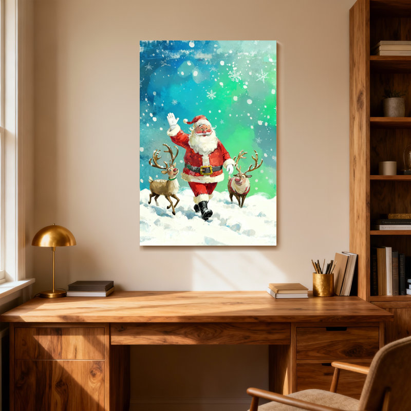 Noël père Noël qui court avec des rennes dans la neige, H 18 po x l 12 po