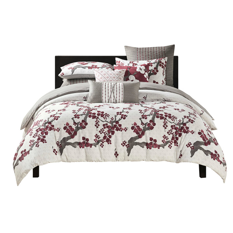 Housse de couette et taie décorative - coton, motif à losanges, motif floral de cerisier 100%, surdimensionné, fermeture à boutons, lavable