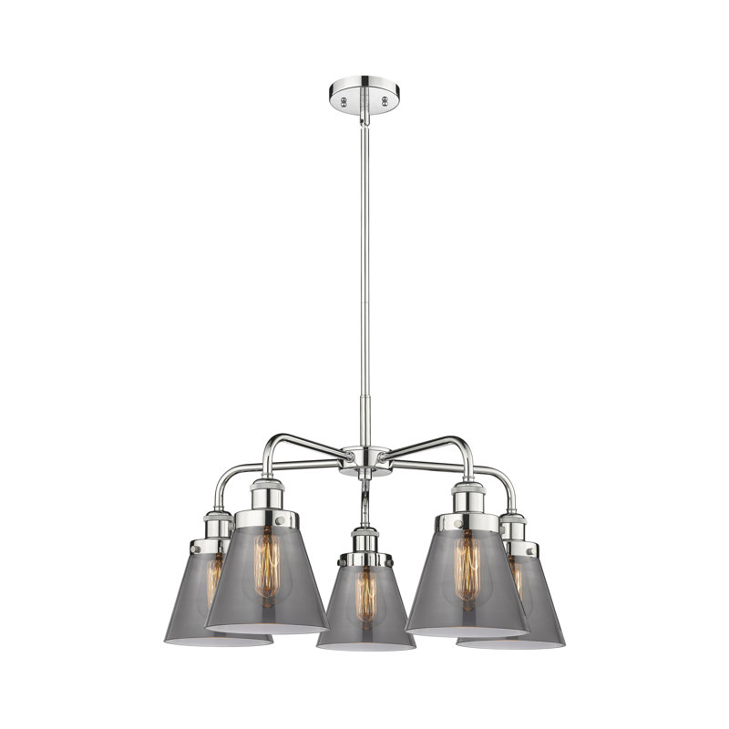 Cone 5 Light Stem Hung Chandelier, Plated Smoke, Polished Chrome
