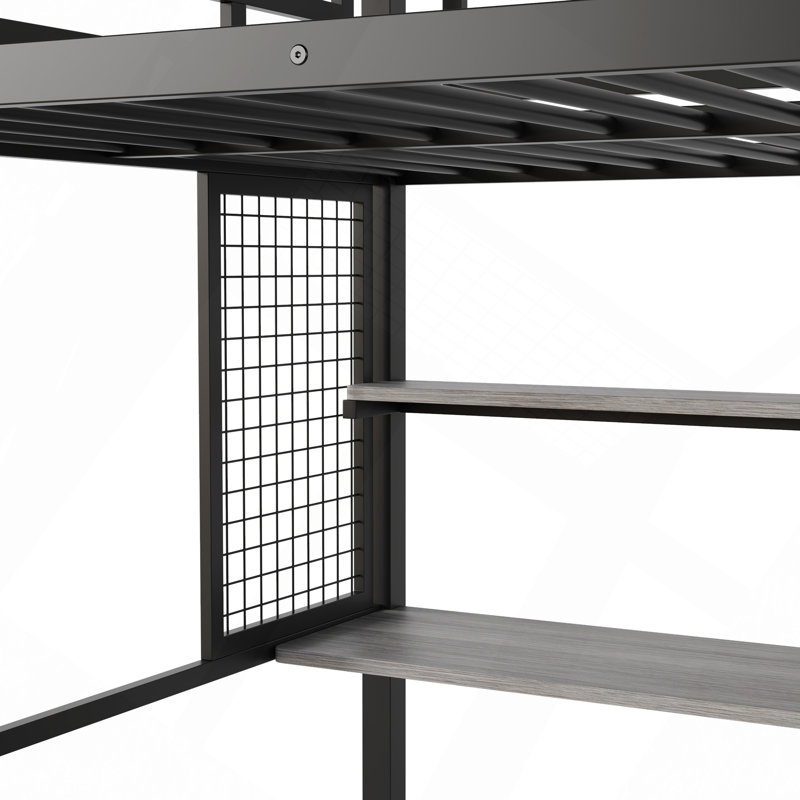 Lit mezzanine double en métal avec garde-robe, bureau, tablettes de rangement, Noir