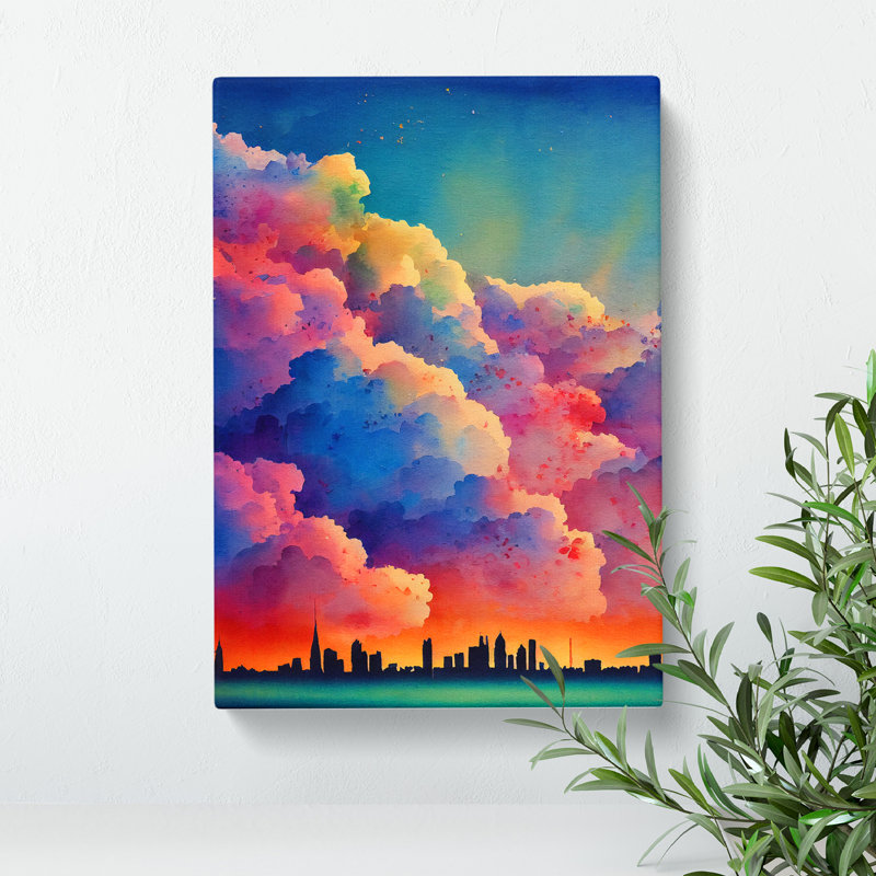 Watercolour City Skyline Clouds No.5 - Wrapped Canvas, 50cm H x 35cm W x 3cm D