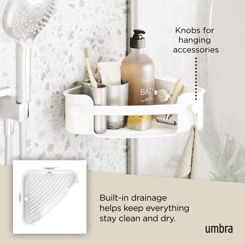 White Plastic Adhesive Shower Corner Bin with Hooks