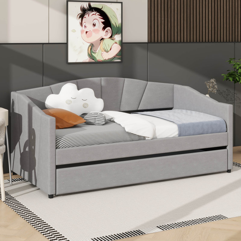 Twin-Size Upholstered Sofa-Style Daybed With Under-Bed Trundle, Gray