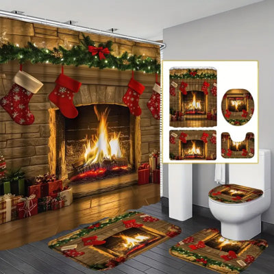 Christmas Fireplace Theme Shower Curtain Set, 4Pcs Shower Curtain With Non-Slip Bathroom Rug, Toilet U-Shape Mat, Toilet Lid Cover Pad, Christmas Theme Bathroom Partition With 12 Hook, Bathroom Accessories For Christmas Decor