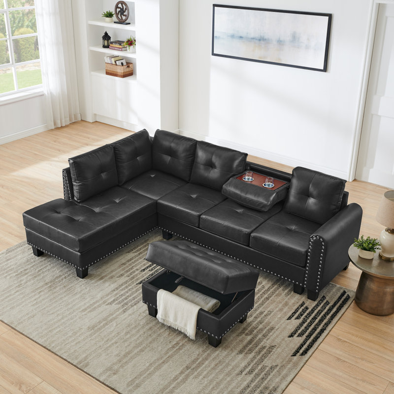 Canapé modulaire moderne à 3 places, fauteuil inclinable réversible, coussin de rangement et support en bois, pied antidérapant