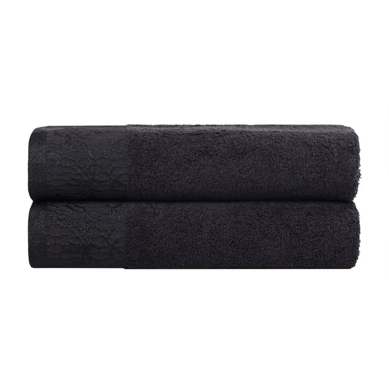 Carinna Cotton Medium Weight Floral Jacquard Border Assorted Bathroom Towel Set, Black/Black, Bath Towels - 2 Pack