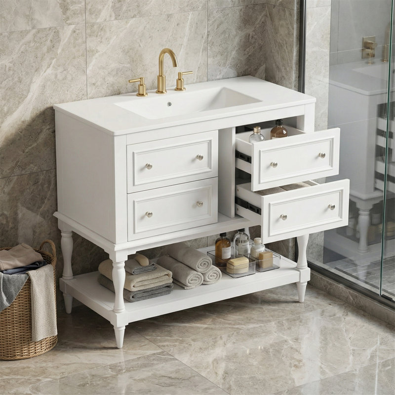 36" Bathroom Vanity With Mirror Cabinet, Adjustable Shelf, Bathroom Storage Cabinet With 4 Drawers, Solid Wood Frame Bathroom Storage Cabinet - White
