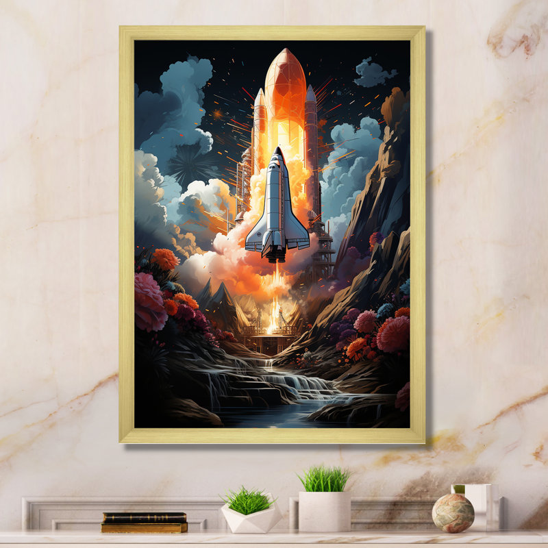 " Modern Space Shuttle Launch I ", 32"H x 24"W x 1"D, Gold Single Picture Framed