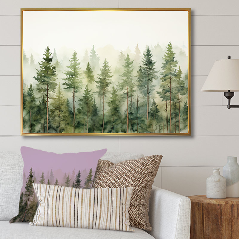 «Pine Trees Minimalisme Dream» - Art sur toile, H 30 po x l 40 po x P 1,5 po, Cadre flottant doré