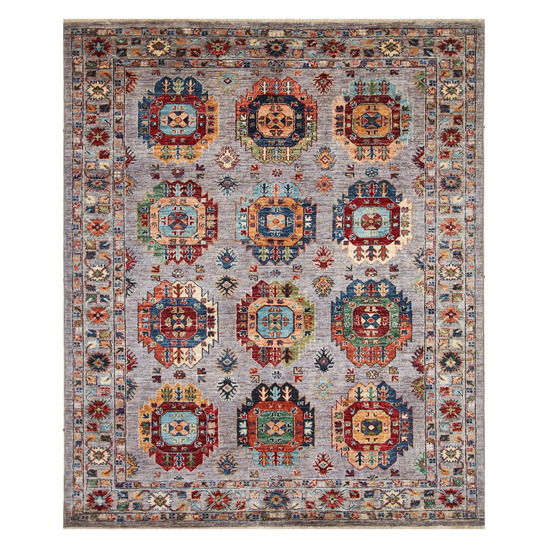Tapis gris / rouge / orange noué à la main de haute qualité