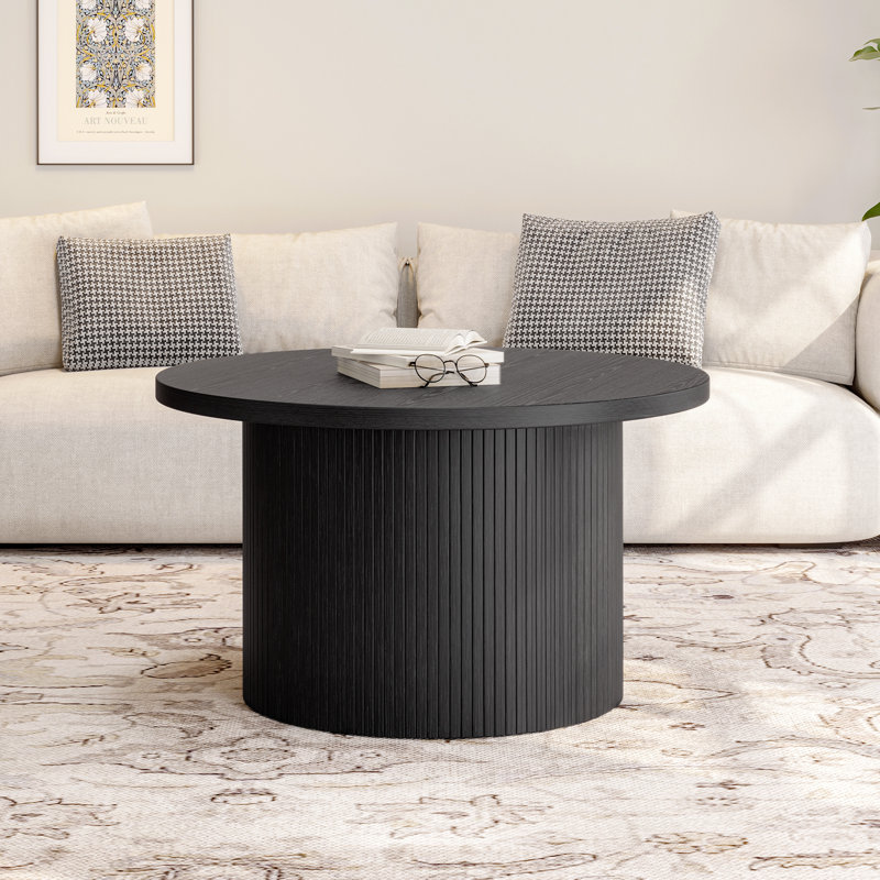 31.5" Round Coffee Table with Solid Wood Base, Black