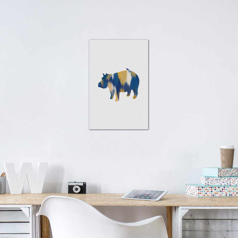 Hippopotamus Blue & Yellow - Print, Wrapped Canvas, 40" H x 26" W x 1.5" D