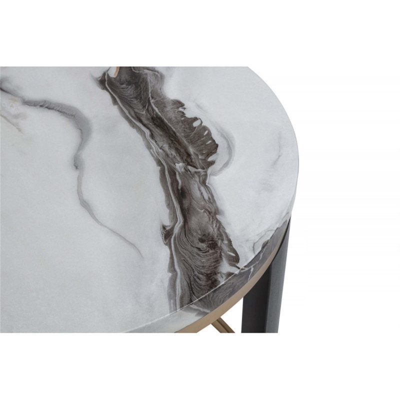 Table de bout ronde en faux marbre de 24 po avec cadre en laiton, parfaite pour le salon et le canapé