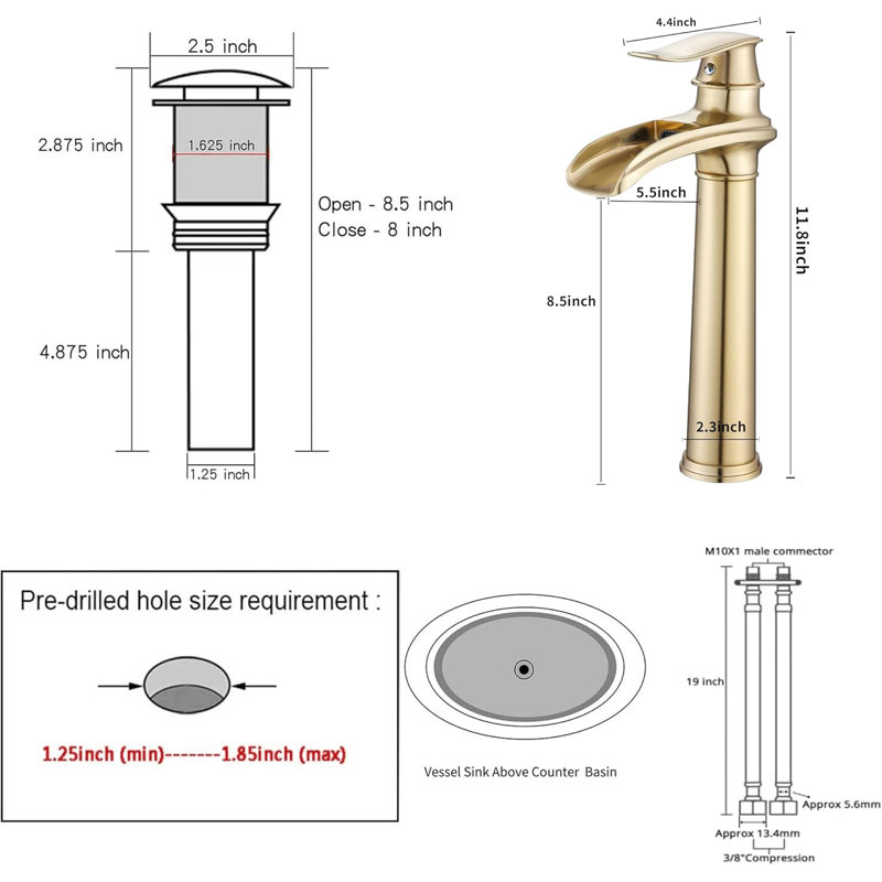 Single-handle Bathroom Faucet with Drain Assembly, Brushed Gold