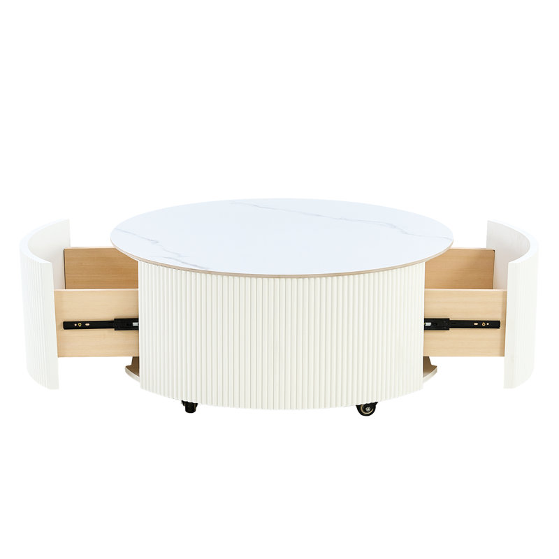 Table basse ronde moderne mobile de 29,5 pouces avec roulettes - 2 tiroirs, plateau en pierre frittée marbrée, blanc, facile à déplacer, parfaite pour le salon.
