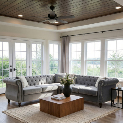 L-Shaped Chesterfield Style Sectional Sofa, 5-Seat Upholstered Couch with Button Tufted Back, Nailhead Trim & Curved Arms, Solid Wood Frame Living Room Sofa for Traditional and Modern Home