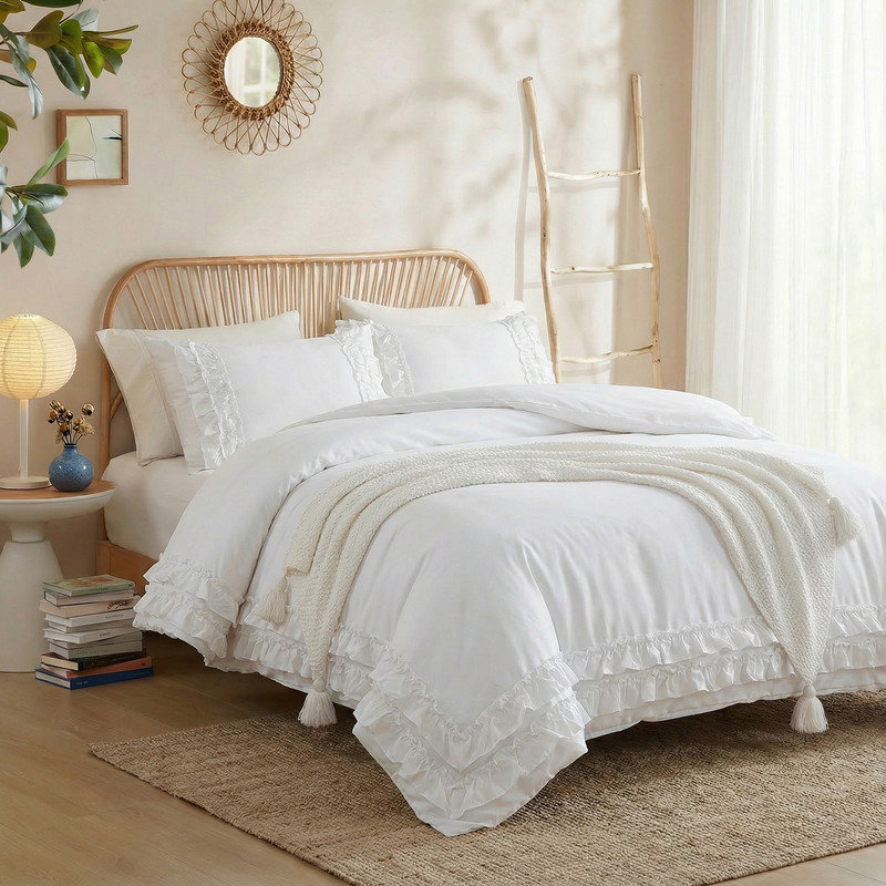 Ensemble de housse de couette 100% coton à volants très grand et blanc, Blanc