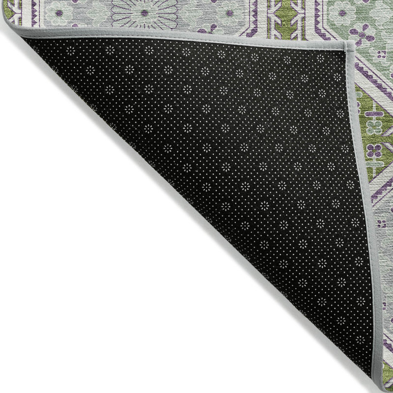 Green and White Synthetic Floral Runner Rug, 2'3" x 7'6"
