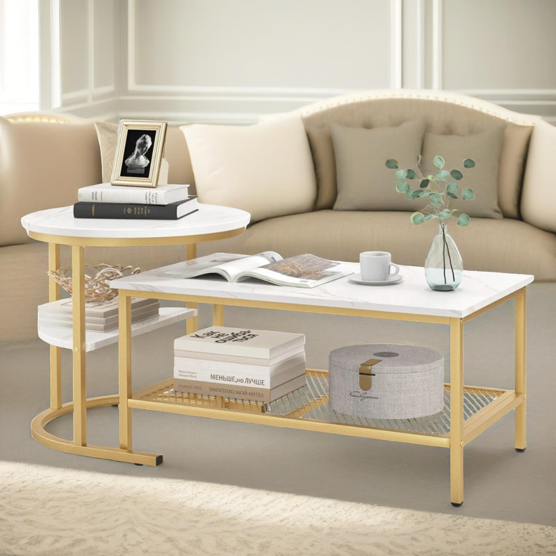 Bastidas 2 Piece Nest of Tables Coffee End Side Table Living Room, Gold/White