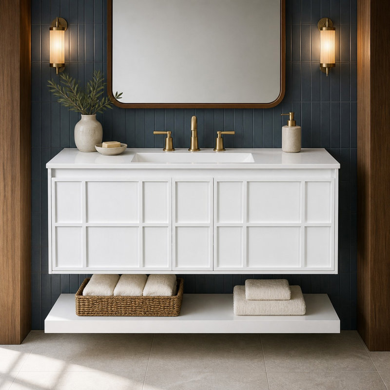 Meuble-lavabo mural blanc de 122 cm (48 po) avec comptoir en composite, deux grands tiroirs et tablette flottante
