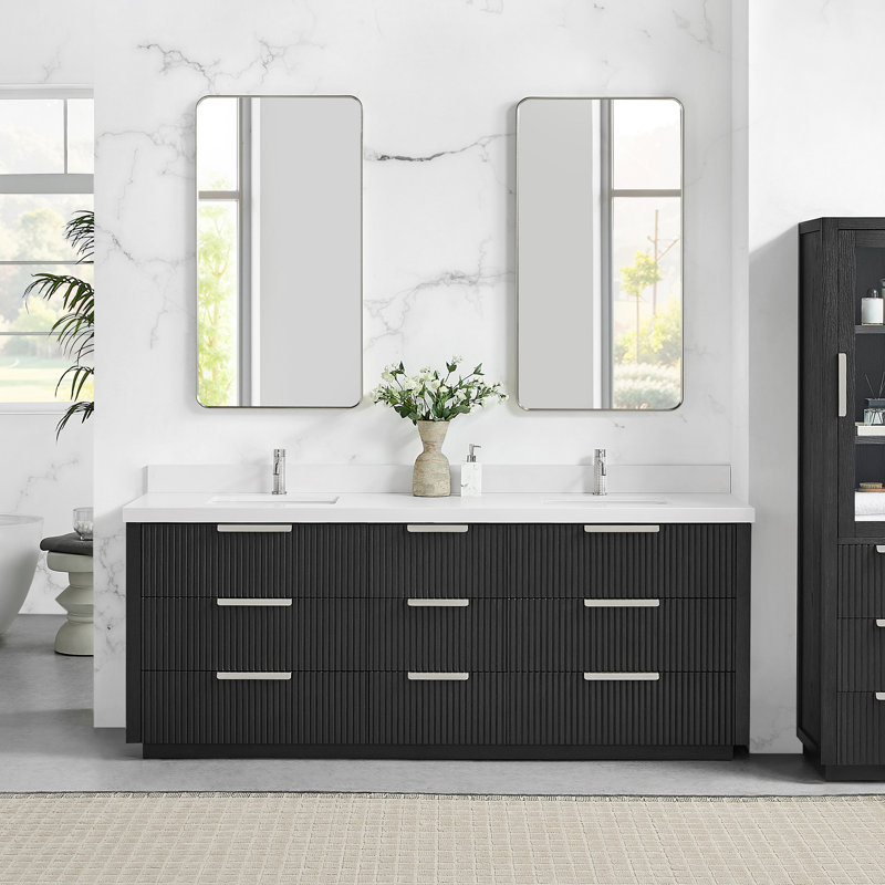 Meuble-lavabo double autoportant 84 po Allister en chêne noir vieilli avec plateau en quartz blanc Allister, 84"
