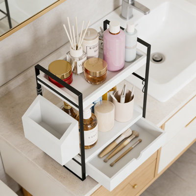 Organisateur de comptoir de salle de bain à 2 niveaux avec tiroir et panier de rangement, organisateur de meuble-lavabo en bois pour les soins de la peau, le maquillage et les essentiels de salle de bain, tablette peu encombrante avec crochets