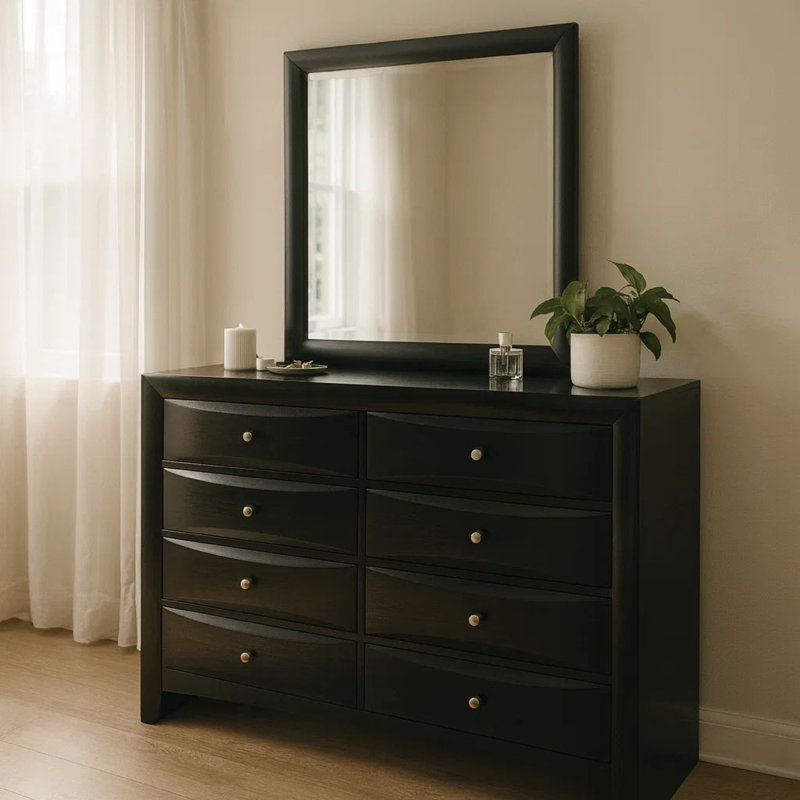 Ensemble de commode et miroir 2 pièces Ica, façades chambrées, bois noir