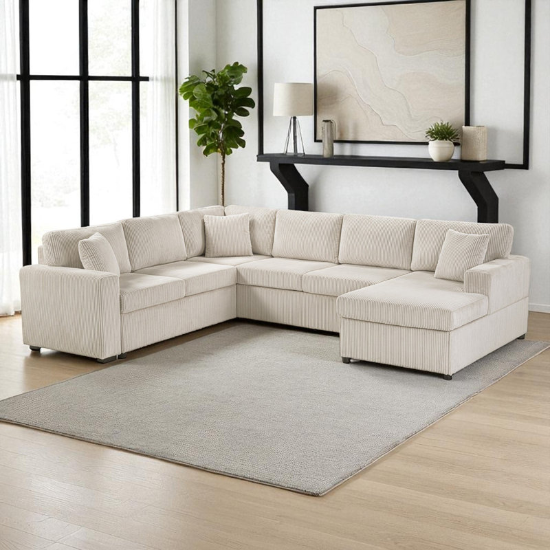 Canapé modulaire en U avec méridienne, Velours côtelé gris pâle