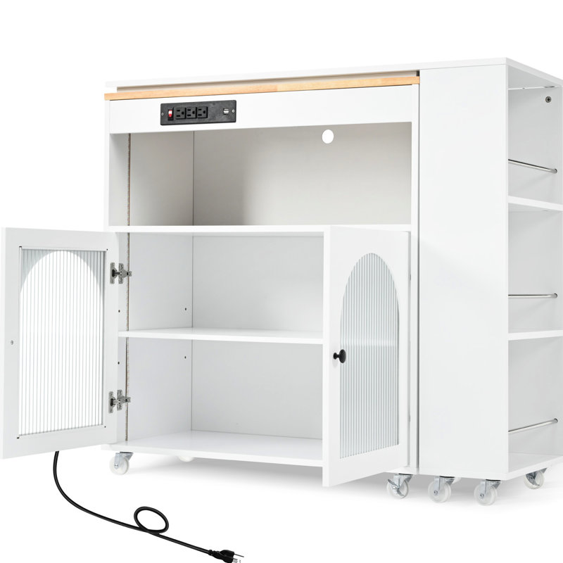 Medium Width Rolling Kitchen Island With Power Socket And Led Lights - Fluted Glass Door, 2 Open Shelves, Storage Cabinet, White Ports, Doors, Convenient