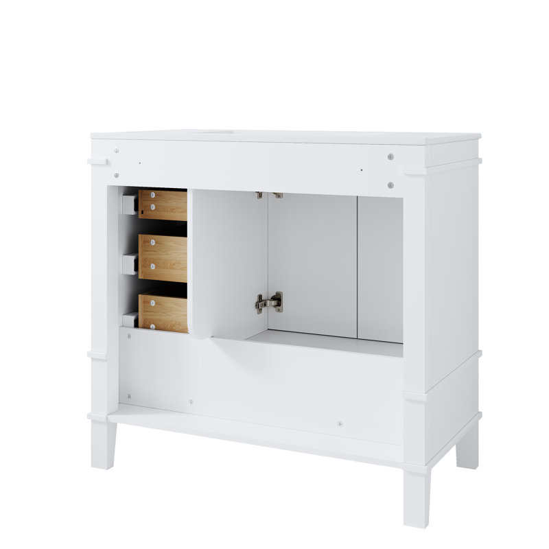 Meuble-lavabo en bois massif blanc l 36 po x H 34,1 po avec lavabo en céramique Cupc, charnières DTC à fermeture en douceur et poignées en aluminium doré