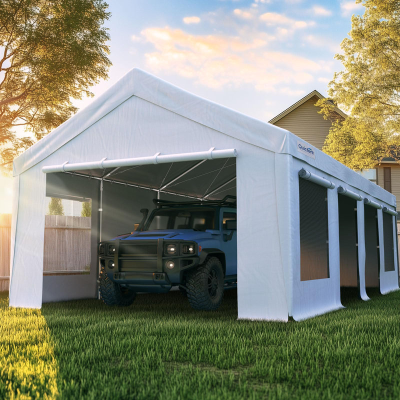 Quictent 13x25 ft Heavy Duty Carports with Side Zipper Doors & Snowproof Steel Cables & Ventilated Windows, Waterproof Storage Shelter for Outdoor Equipment, White