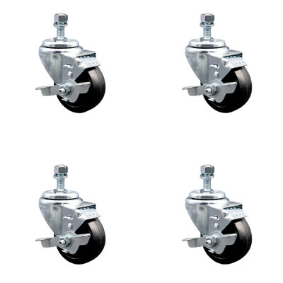 3.5 Inch_Hard Rubber Wheel Swivel 3/8 Inch Threaded Stem Caster Set with Brake