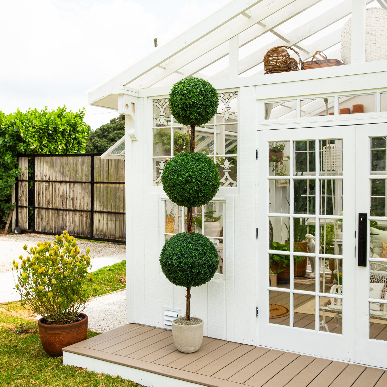 8Ft. UV Resistant Artificial Triple Ball Boxwood Topiary Tree (Indoor/Outdoor), Green, 96" H x 20" W x 20" D