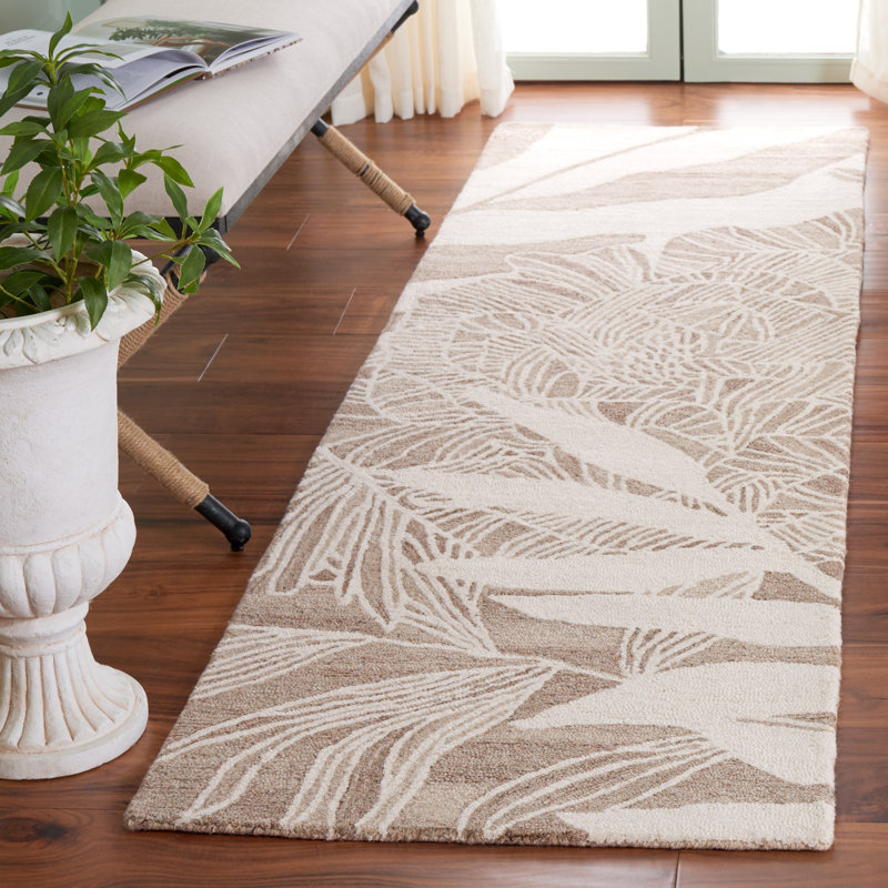 Tapis floral ivoire / beige en laine / coton touffeté à la main Braddy 741, Tapis de couloir 2 pi 3 po x 8 pi