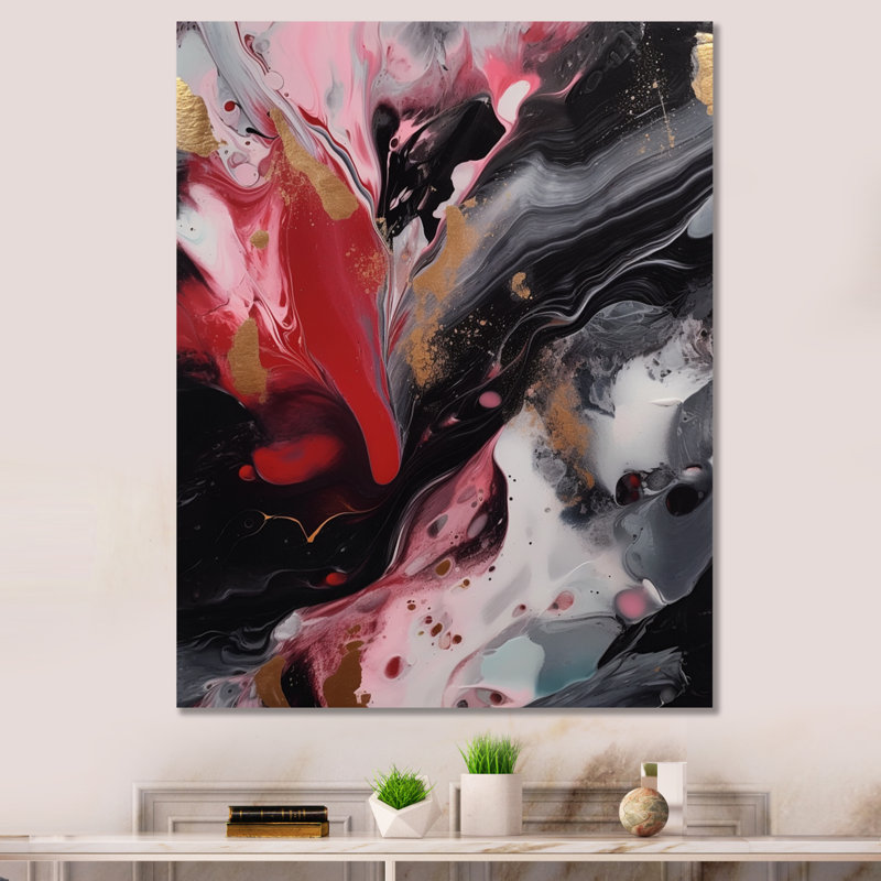 «Red and Black Marble Whispers IV», art abstrait sur toile marbrée, H 20 po x l 12 po x P 1 po, Toile tendue