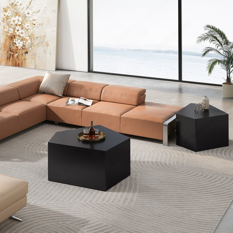 Irregular Pentagon Nesting Coffee Table Set, Geometric Coffee Table Set, Side Table Set, Black