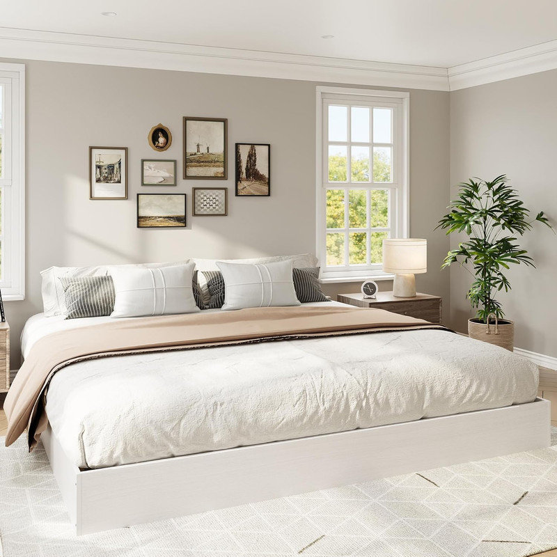 Structure de lit plateforme, support de lattes en bois, aucun sommier requis, assemblage facile et style moderne, Blanc