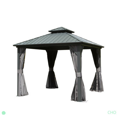 Hardtop Gazebo, Aluminum Metal Gazebo With Galvanized Steel Double Roof Canopy, Curtain And Netting, Permanent Gazebo Pavilion For Party, Wedding, Outdoor Dining