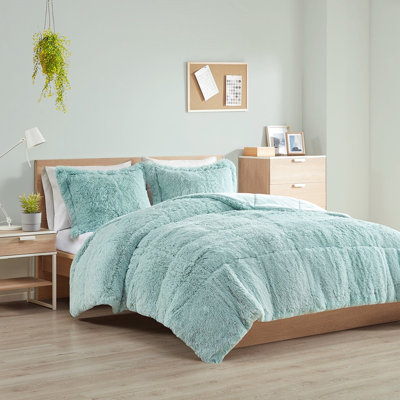 Couette King/King en fausse fourrure douce - Garnissage moelleux bleu - 1 ou 2 taies d'oreiller incluses - 264 cm l x 229 cm l - 51 cm l x 91 cm l - Revers chaud inclus