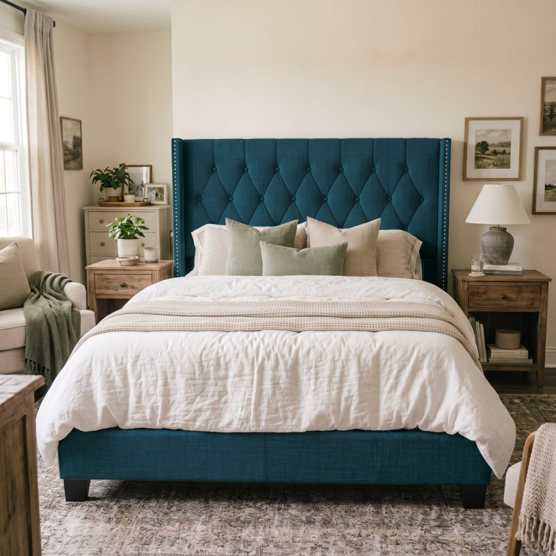 Amberlee Upholstered Linen Wingback Bed, Queen, Blue