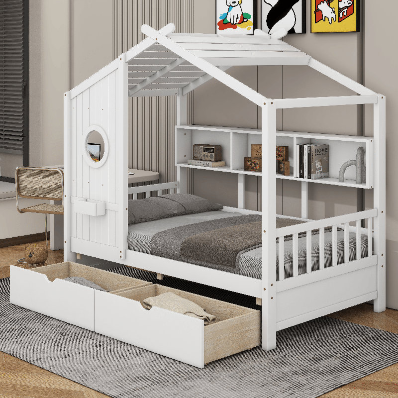 Lit maison avec 2 tiroirs, Simple, White