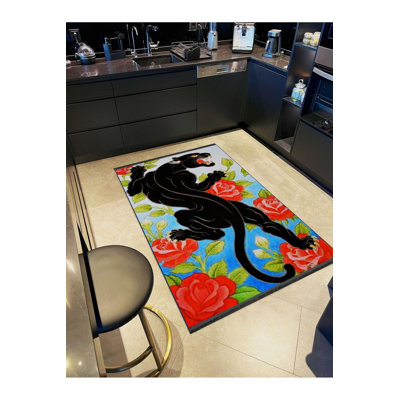 Machine Washable  Red Rose Detailed Black Jaguar Patterned Woven Base Decorative Rug
