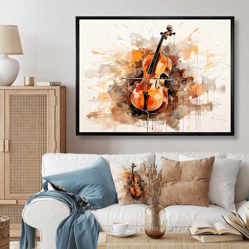 Cello Contour Rich Brown II - musique sur toile, Cadre flottant noir, H 24 po x l 32 po x P 1 po