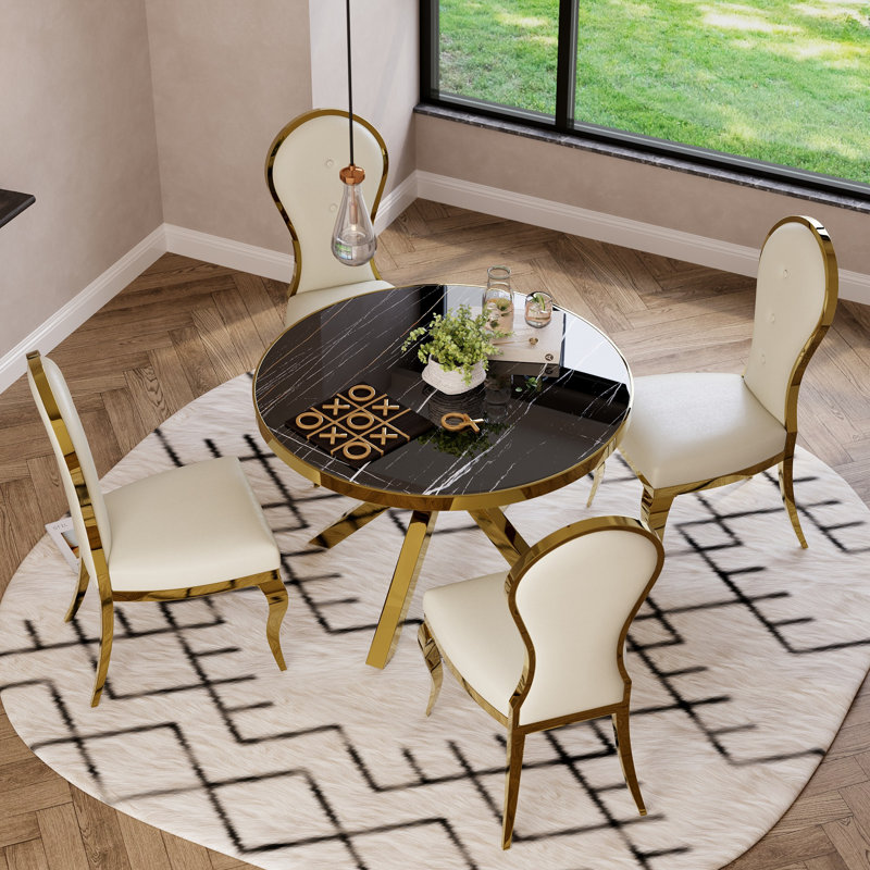 Lawrene Luxury Leather Side Chairs with Polished Gold Stainless Steel Legs, White