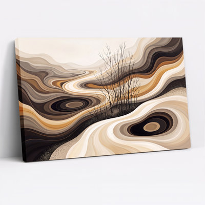 Wavy Earth Tone Layers and Black Tree Silhouettes Canvas Wall Art