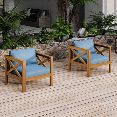 Weather - Fauteuil club extérieur en bois de 2 avec coussins bleus, finition, idéal pour les fauteuils près de la piscine, confortables dans les patios et les terrasses
