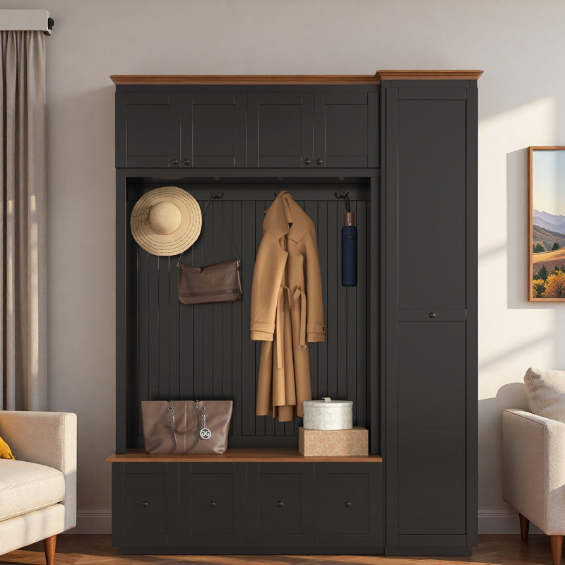 5-in-1 Hall Tree With Bench, Coat Rack, Drawers, Cabinets And Extra-large Side Storage Space, Black